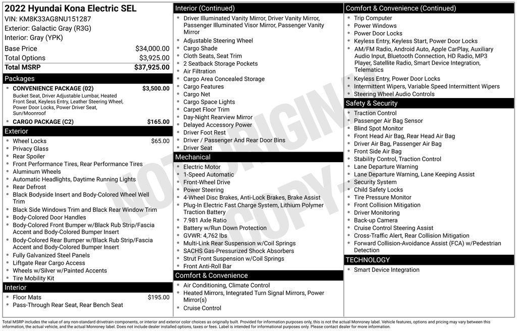 used 2022 Hyundai Kona EV car, priced at $16,988