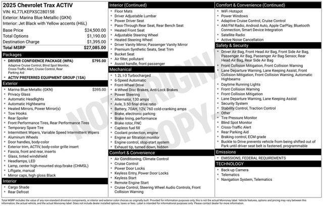 new 2025 Chevrolet Trax car, priced at $27,085