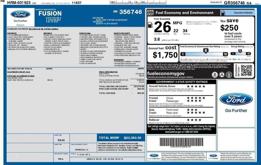 used 2016 Ford Fusion car, priced at $15,495