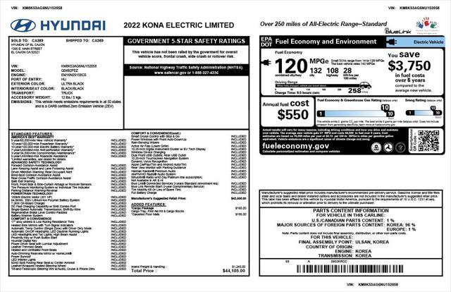 used 2022 Hyundai Kona EV car, priced at $19,973