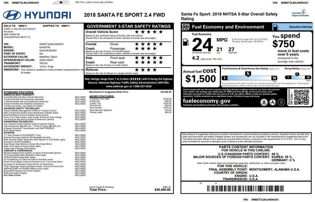 used 2018 Hyundai Santa Fe Sport car, priced at $15,995