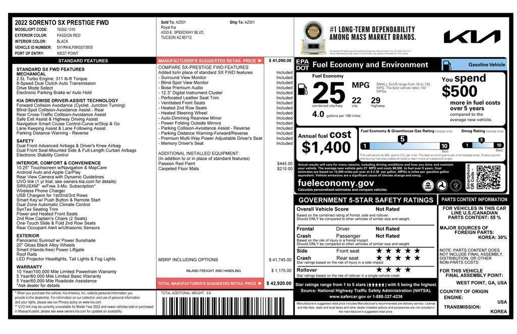 used 2022 Kia Sorento car, priced at $26,673