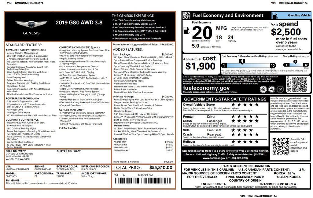 used 2019 Genesis G80 car, priced at $22,995