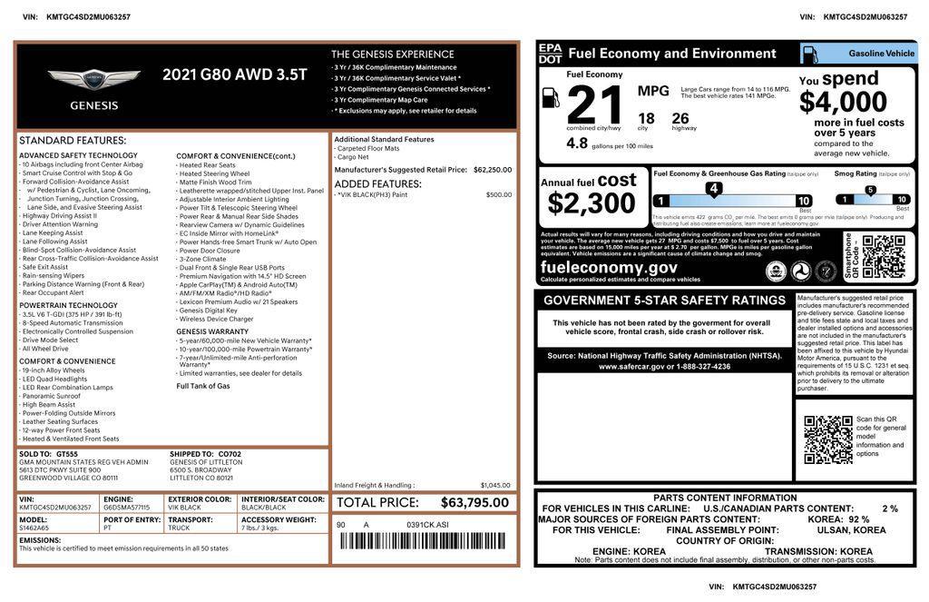 used 2021 Genesis G80 car, priced at $37,973