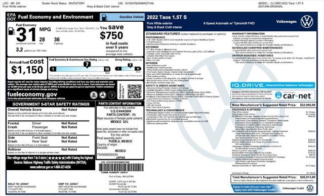 used 2022 Volkswagen Taos car, priced at $18,075