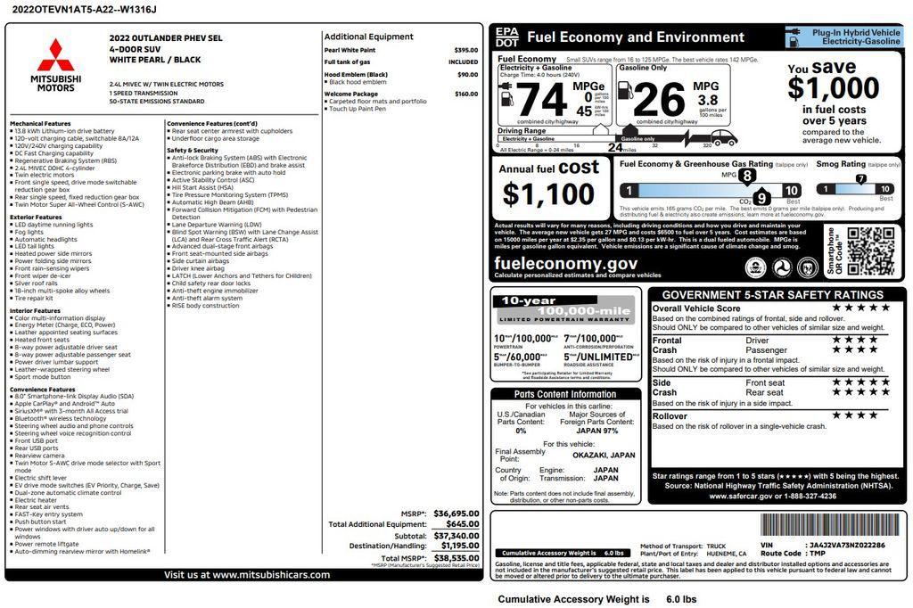 used 2022 Mitsubishi Outlander PHEV car, priced at $23,973