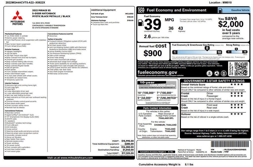 used 2022 Mitsubishi Mirage car, priced at $13,973