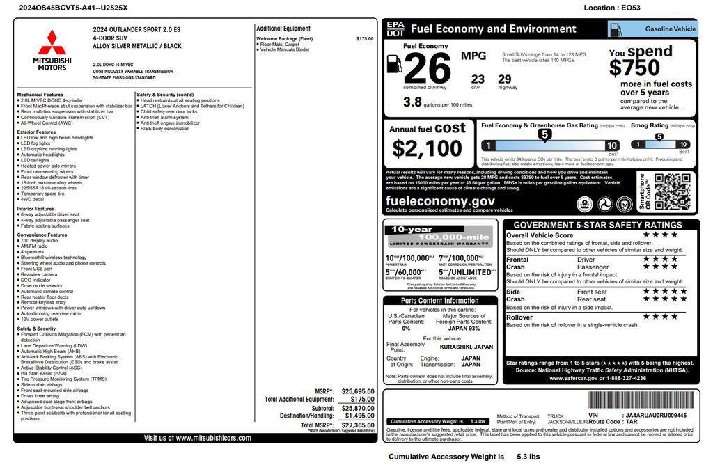 used 2024 Mitsubishi Outlander Sport car, priced at $15,475