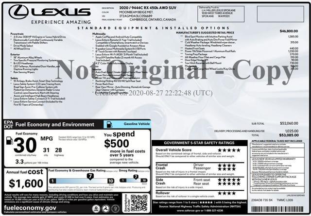 used 2020 Lexus RX 450h car, priced at $32,600