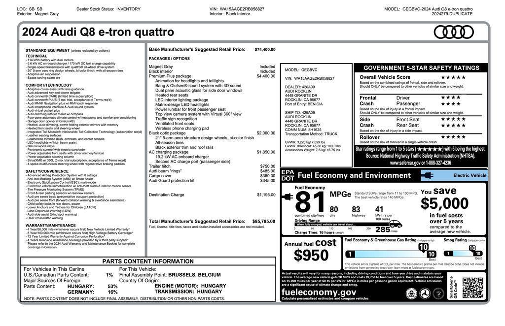 used 2024 Audi Q8 e-tron car, priced at $43,075
