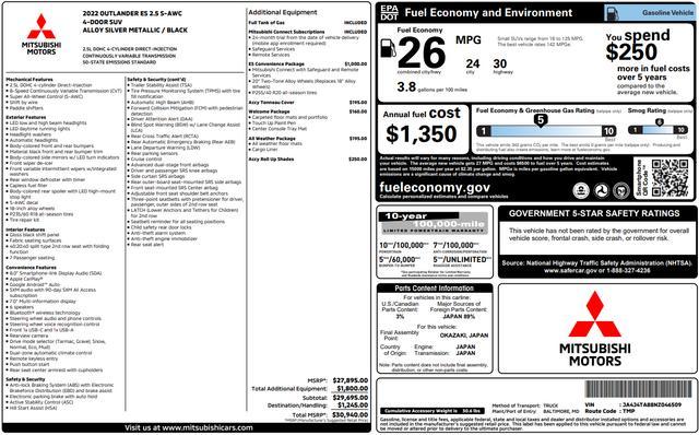 used 2022 Mitsubishi Outlander car, priced at $24,000