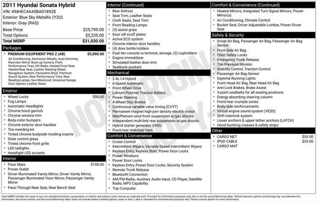 used 2011 Hyundai Sonata Hybrid car, priced at $7,499