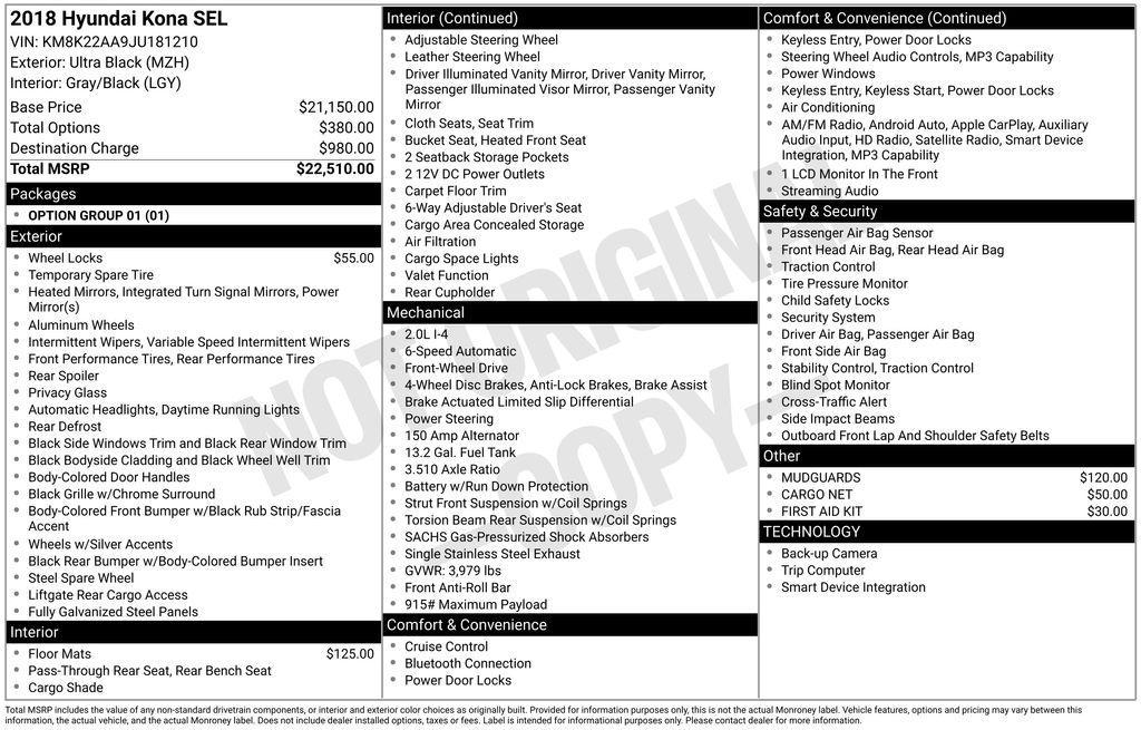 used 2018 Hyundai Kona car, priced at $14,350