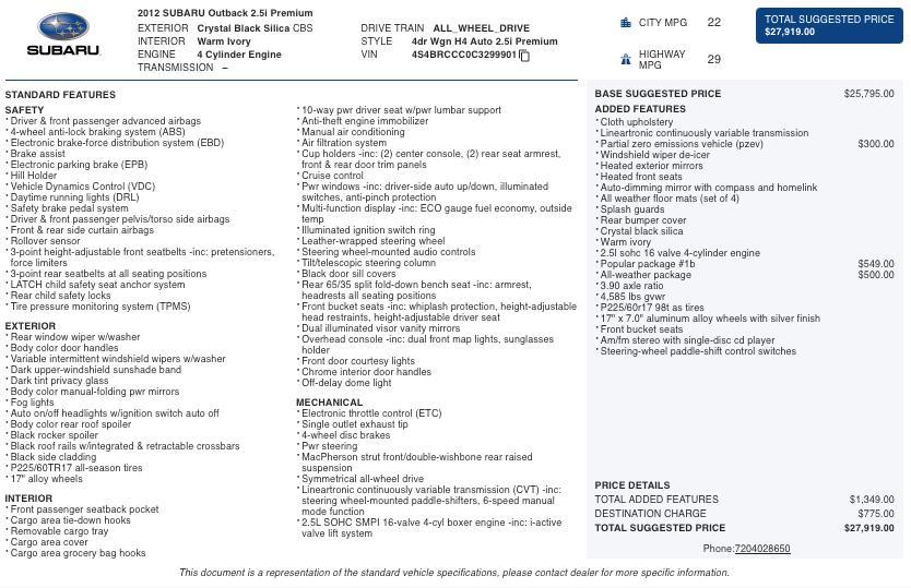 used 2012 Subaru Outback car, priced at $11,995