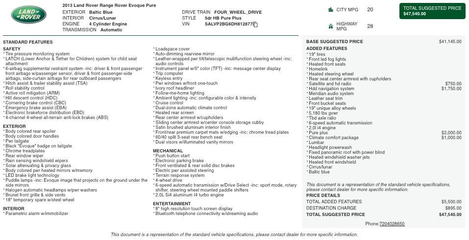 used 2013 Land Rover Range Rover Evoque car, priced at $13,498