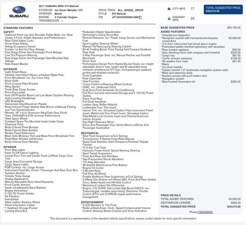 used 2017 Subaru WRX STI car, priced at $21,998