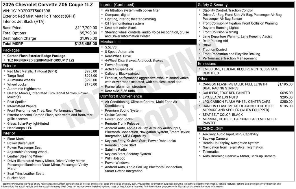 new 2026 Chevrolet Corvette car, priced at $119,987