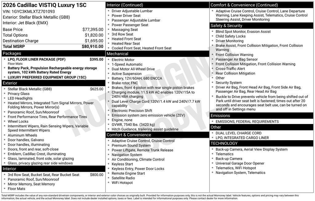 new 2026 Cadillac VISTIQ car, priced at $80,565