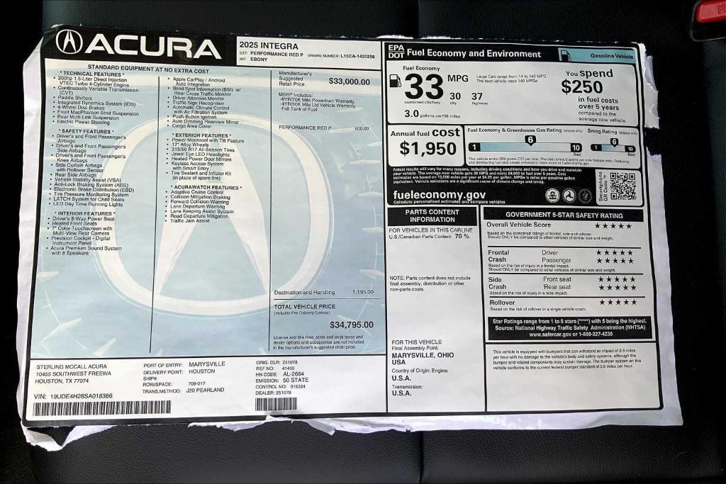 new 2025 Acura Integra car, priced at $34,795