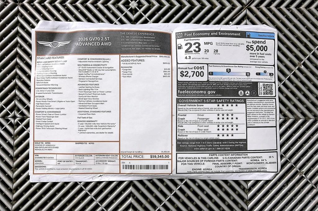 new 2026 Genesis GV70 car, priced at $64,433