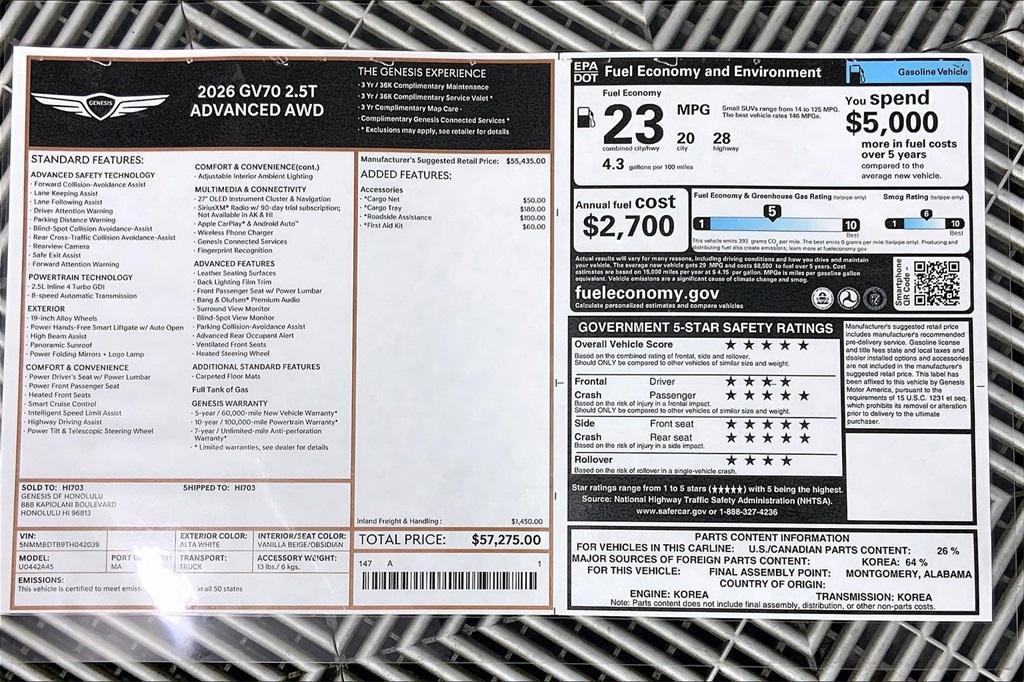 new 2026 Genesis GV70 car, priced at $62,163