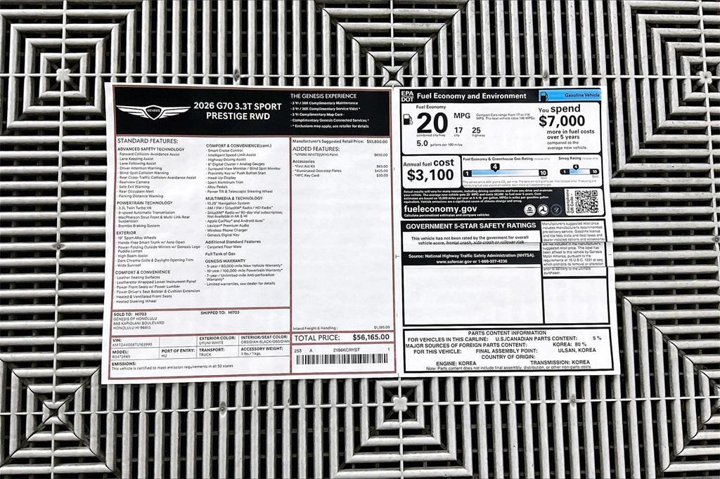 new 2026 Genesis G70 car, priced at $63,053