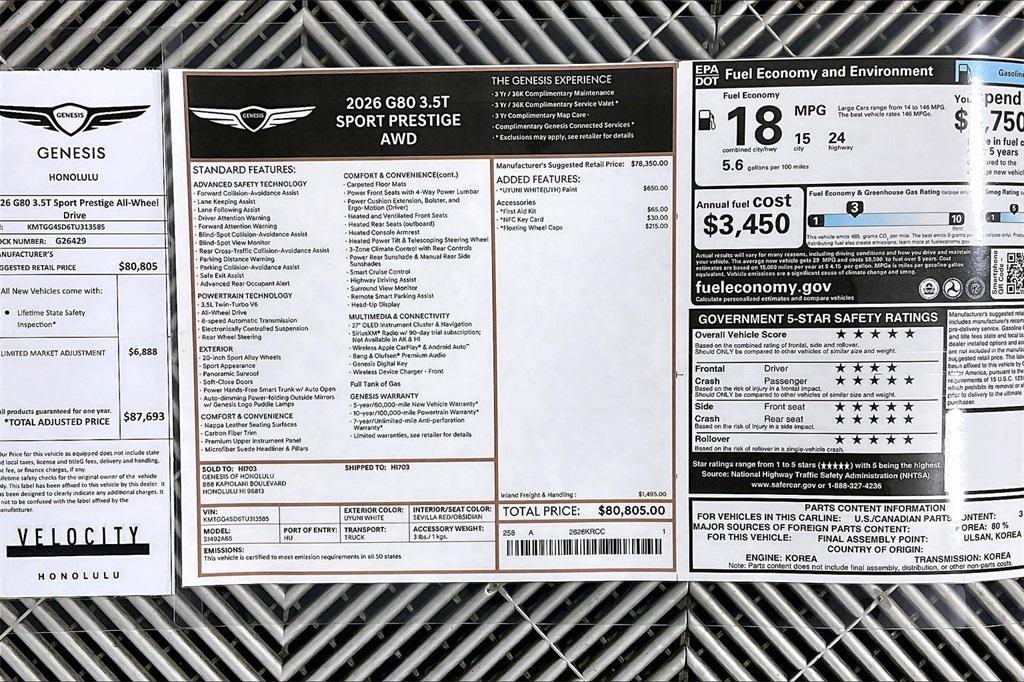 new 2026 Genesis G80 car, priced at $87,693