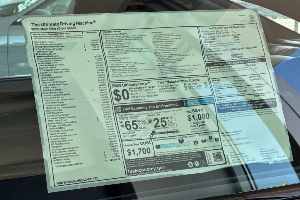 new 2025 BMW 750e car, priced at $124,605