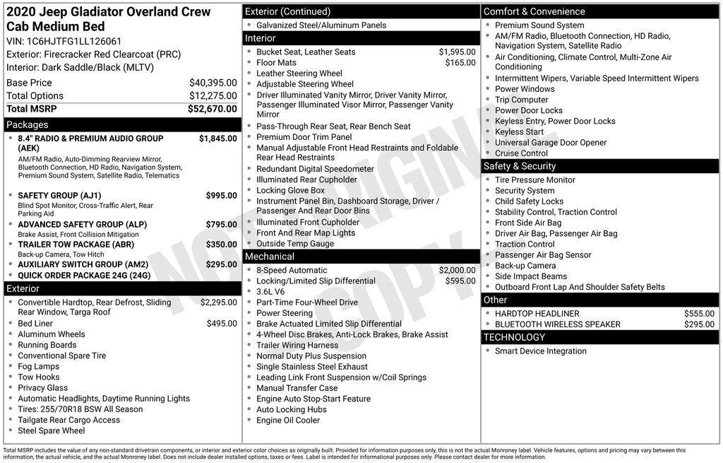 used 2020 Jeep Gladiator car, priced at $34,453