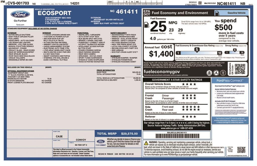 used 2022 Ford EcoSport car, priced at $20,798