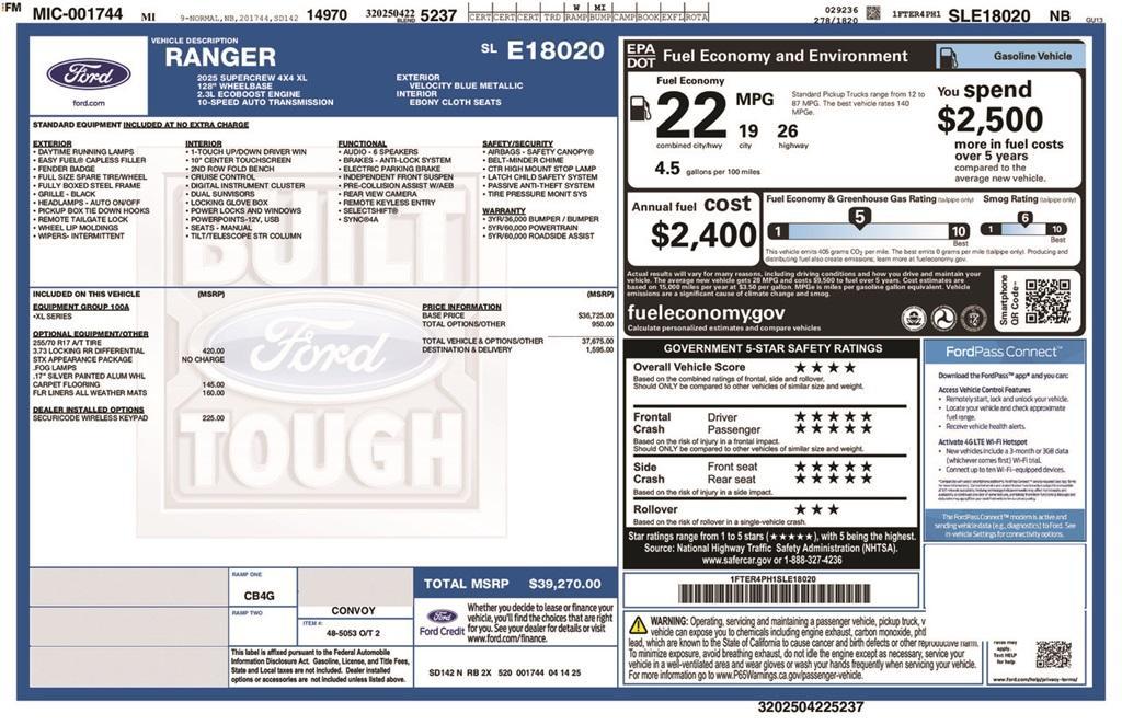 new 2025 Ford Ranger car, priced at $39,270