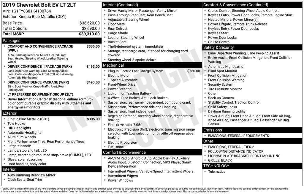 used 2019 Chevrolet Bolt EV car, priced at $13,500