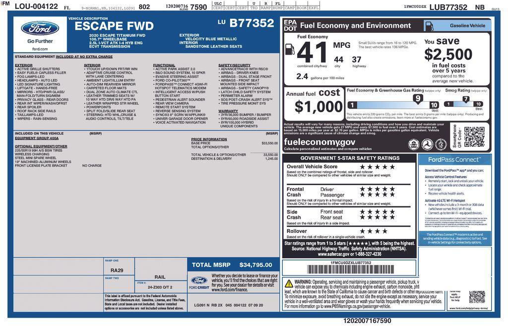 used 2020 Ford Escape car, priced at $22,500
