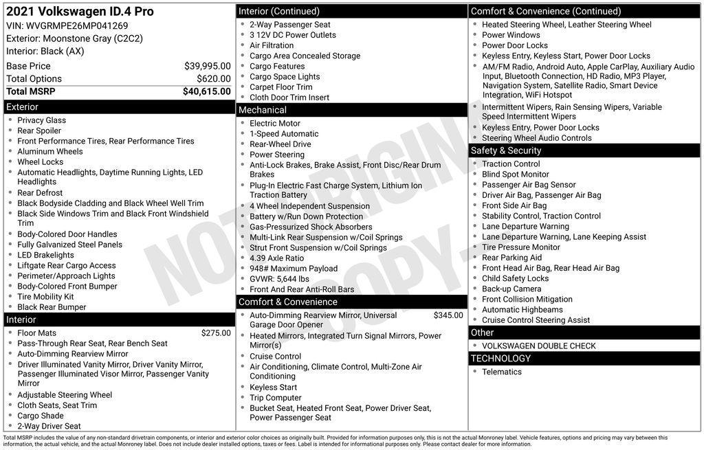 used 2021 Volkswagen ID.4 car, priced at $20,500