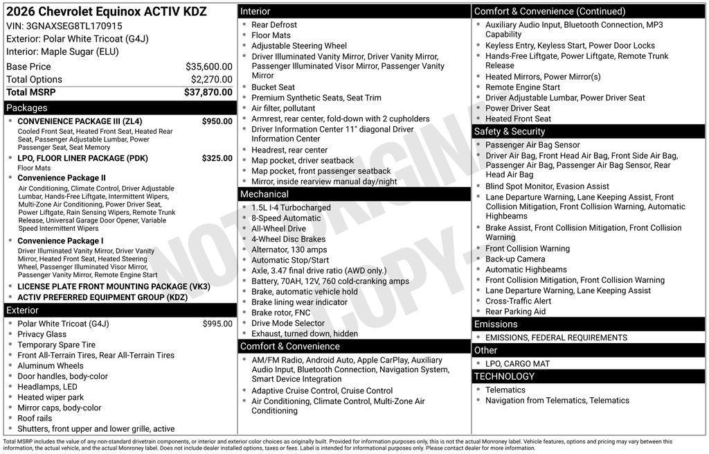 new 2026 Chevrolet Equinox car, priced at $36,770