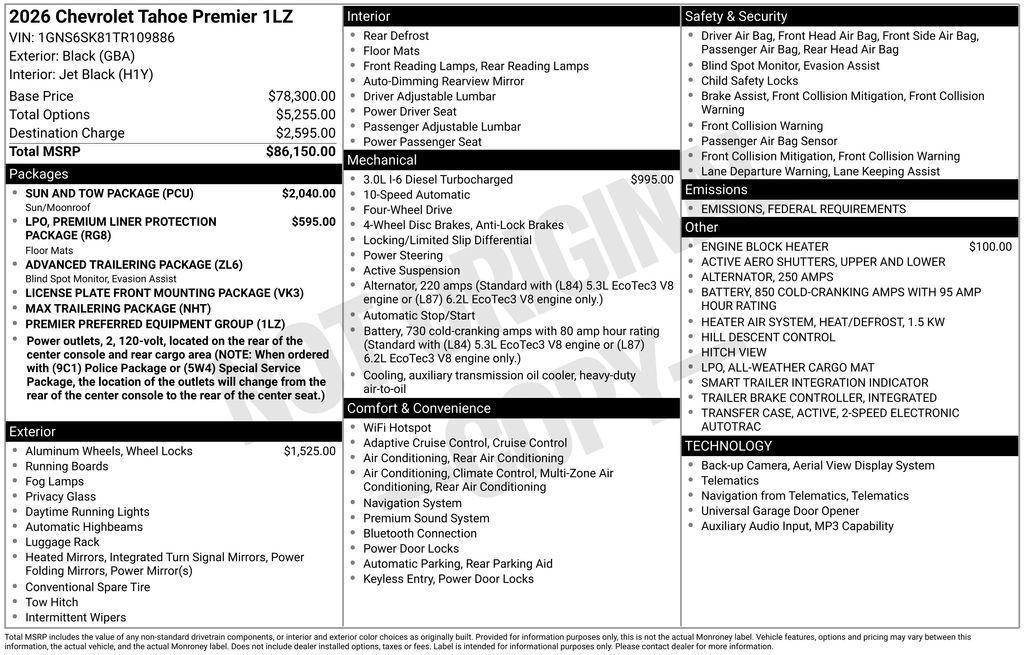 new 2026 Chevrolet Tahoe car, priced at $86,050