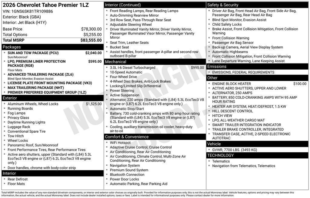 new 2026 Chevrolet Tahoe car, priced at $86,050