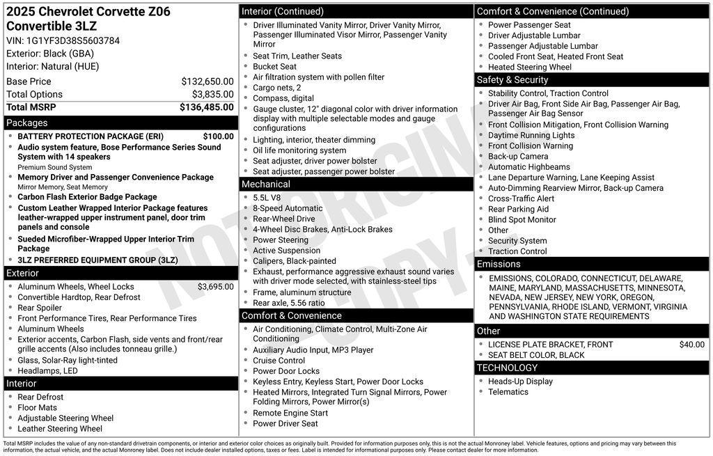 new 2025 Chevrolet Corvette car, priced at $141,140