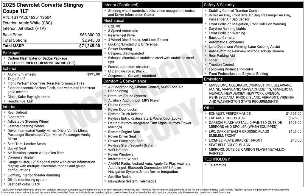 new 2025 Chevrolet Corvette car, priced at $73,100