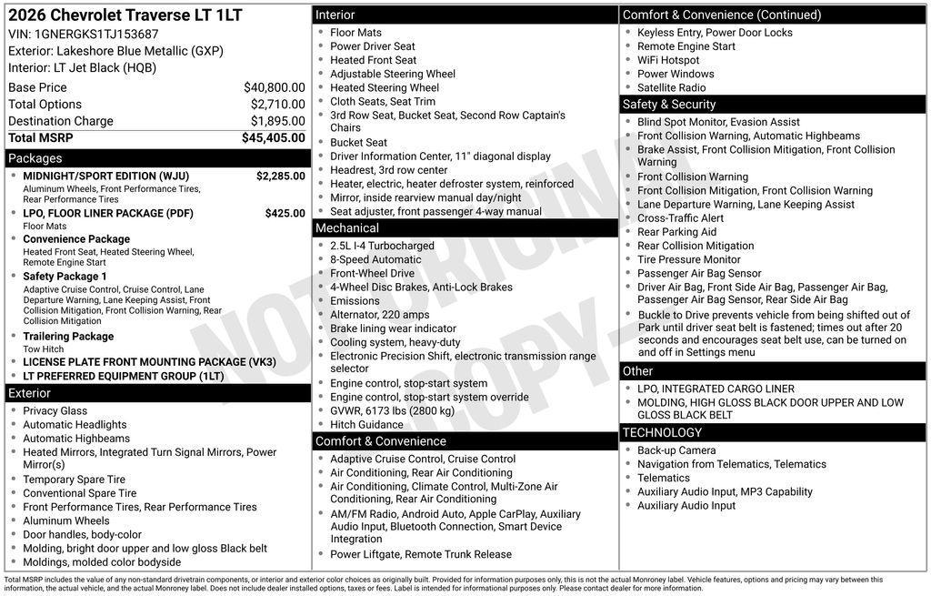new 2026 Chevrolet Traverse car, priced at $44,372