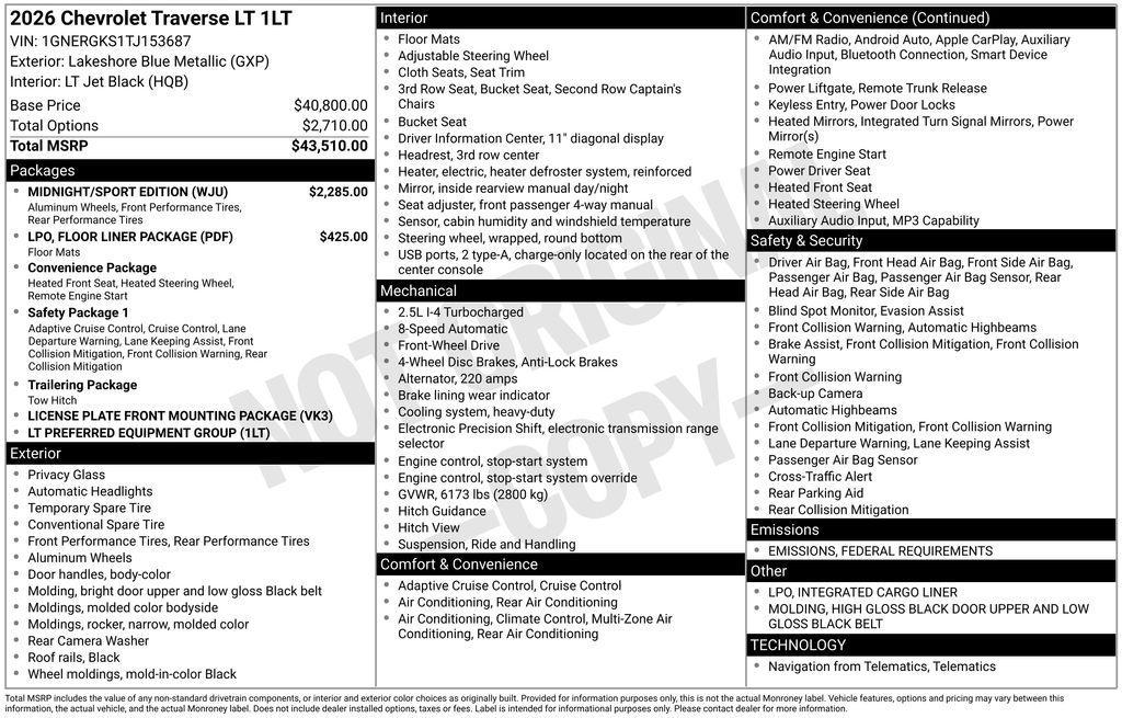 new 2026 Chevrolet Traverse car, priced at $45,405