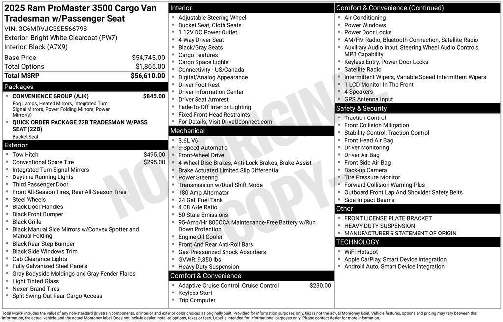 new 2025 Ram ProMaster 3500 car, priced at $55,943