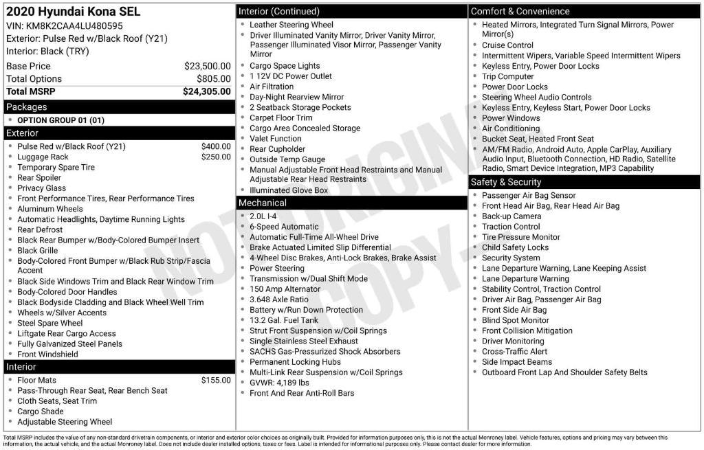 used 2020 Hyundai Kona car, priced at $15,849