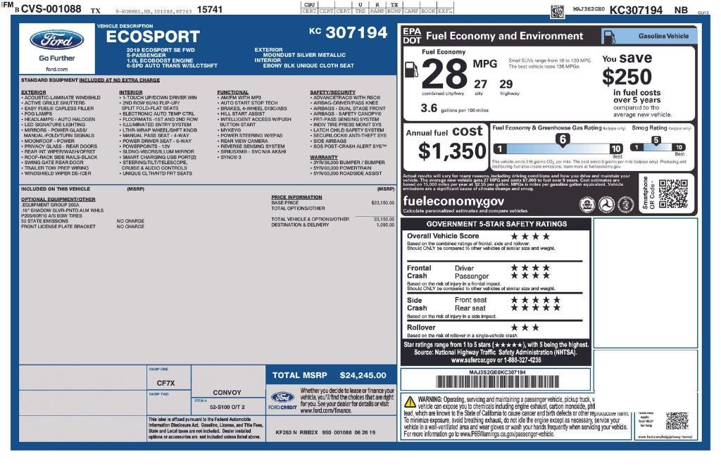used 2019 Ford EcoSport car, priced at $13,639
