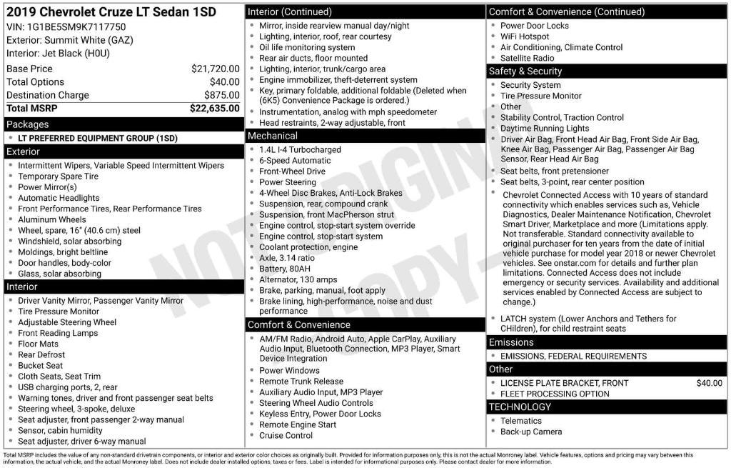used 2019 Chevrolet Cruze car, priced at $10,729