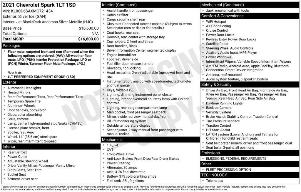 used 2021 Chevrolet Spark car, priced at $9,909