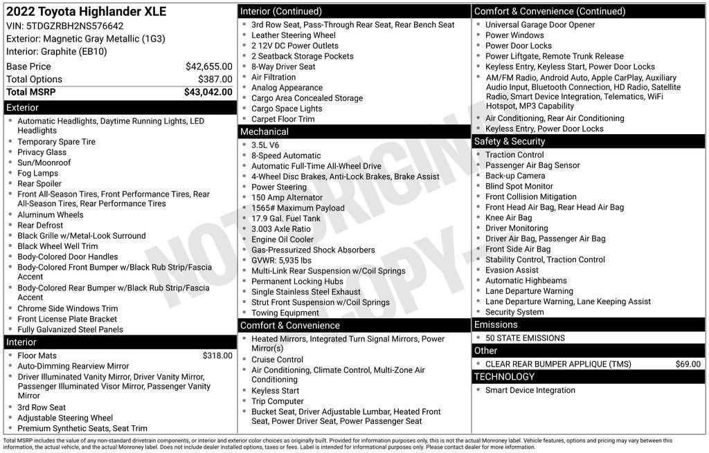 used 2022 Toyota Highlander car, priced at $35,295