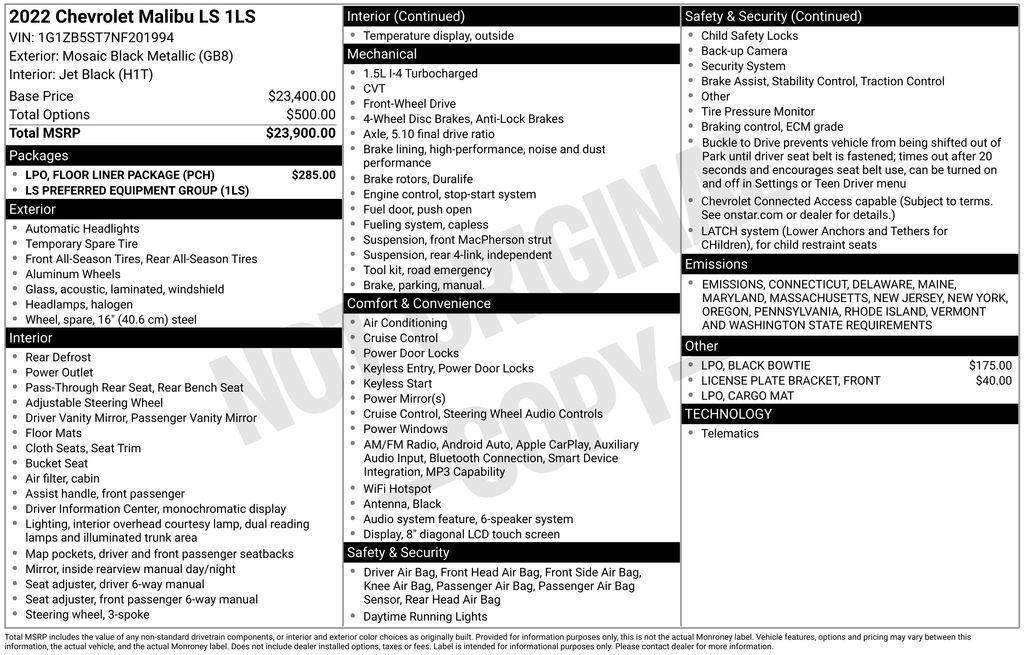 used 2022 Chevrolet Malibu car, priced at $19,995