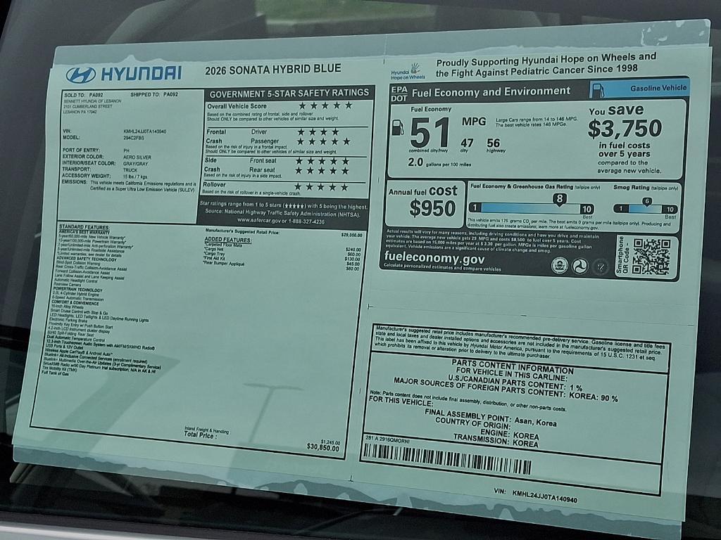 new 2026 Hyundai Sonata Hybrid car, priced at $30,292
