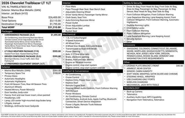new 2026 Chevrolet TrailBlazer car, priced at $31,270